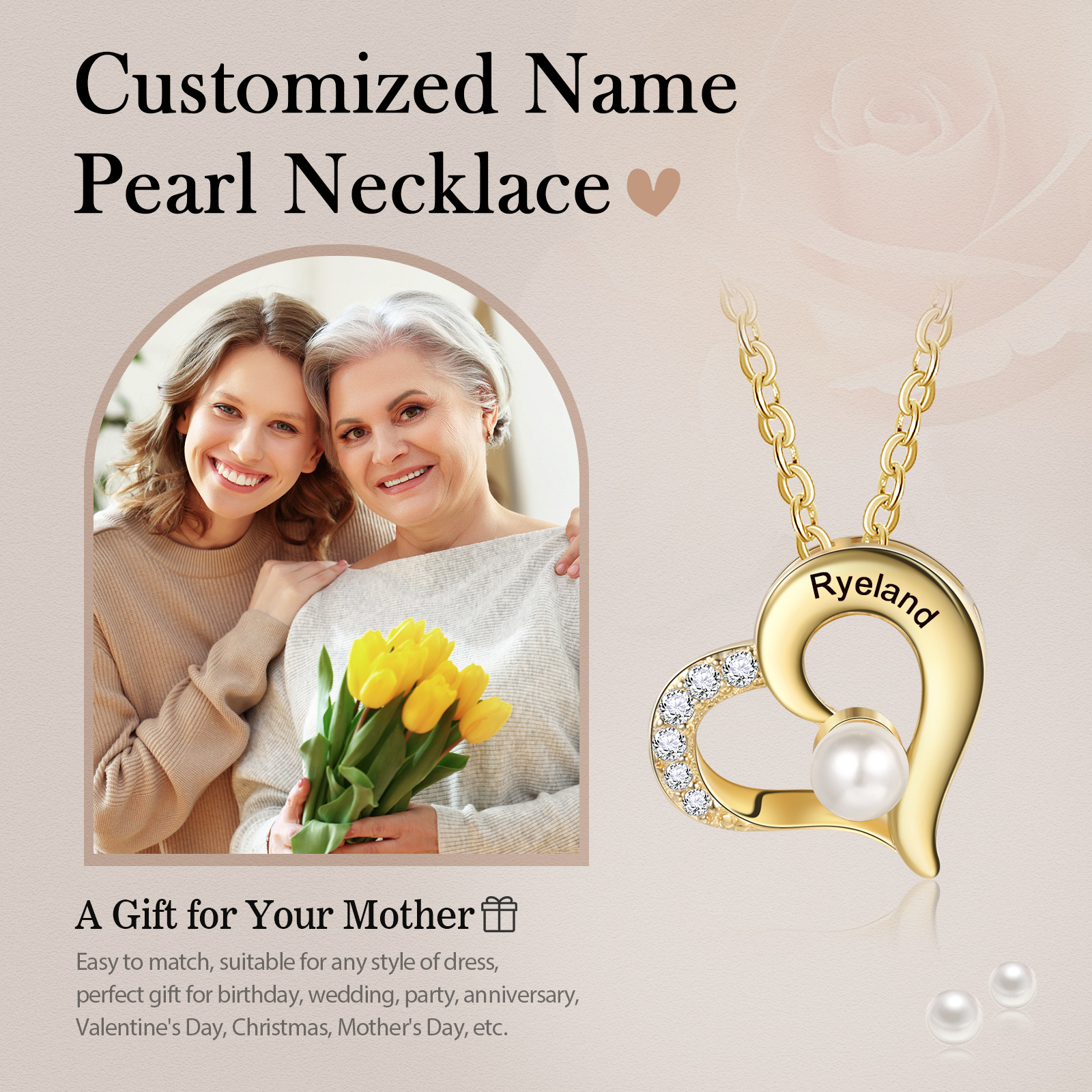 1 Name - Personalised Heart Shape Pendant Necklace Women's Customised Name Necklace Pearl Necklace Birthday Gift for Mother-Jessemade AU