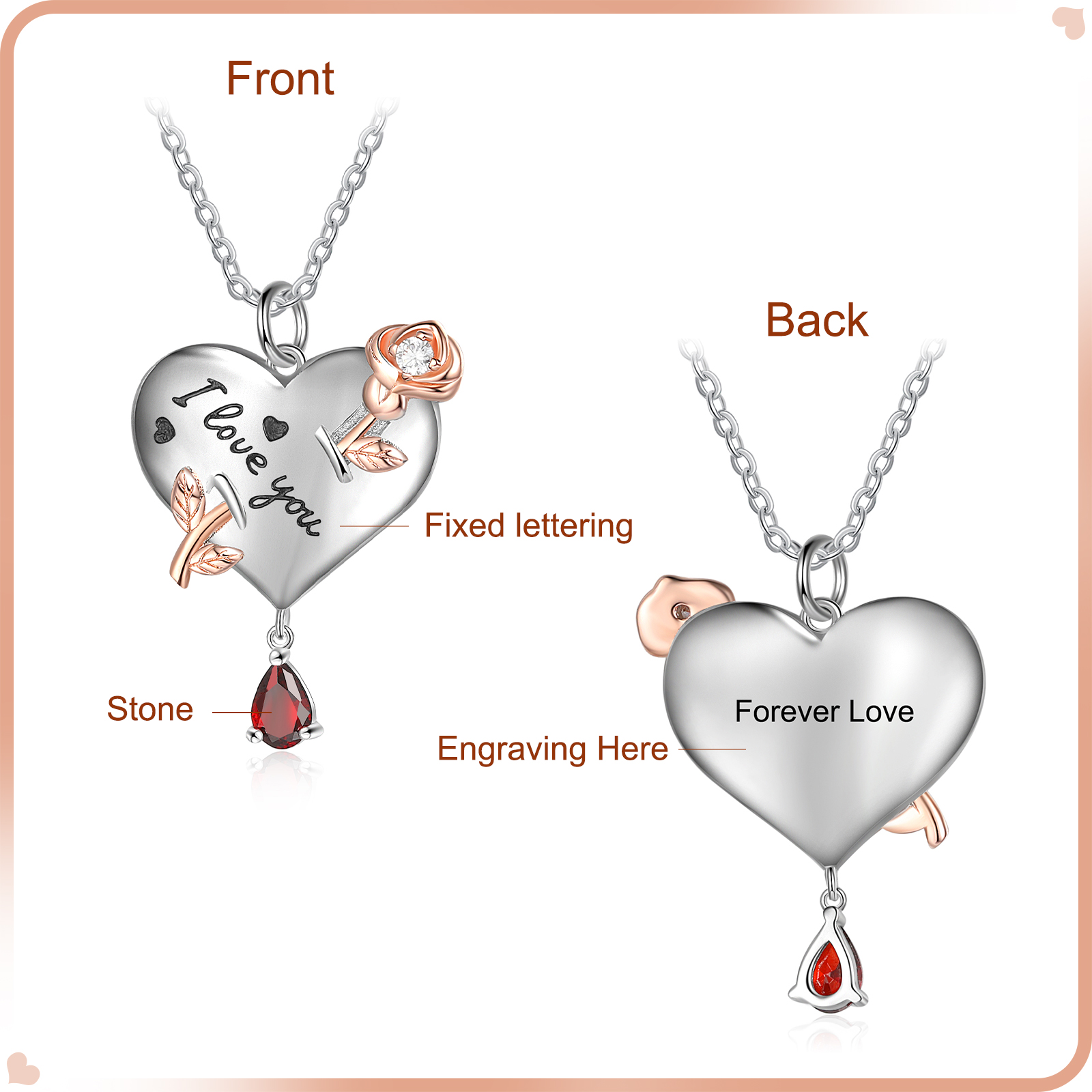 Personalised Heart Rose Necklace With Birthstone Valentine's Day Gifts For Her-Jessemade AU