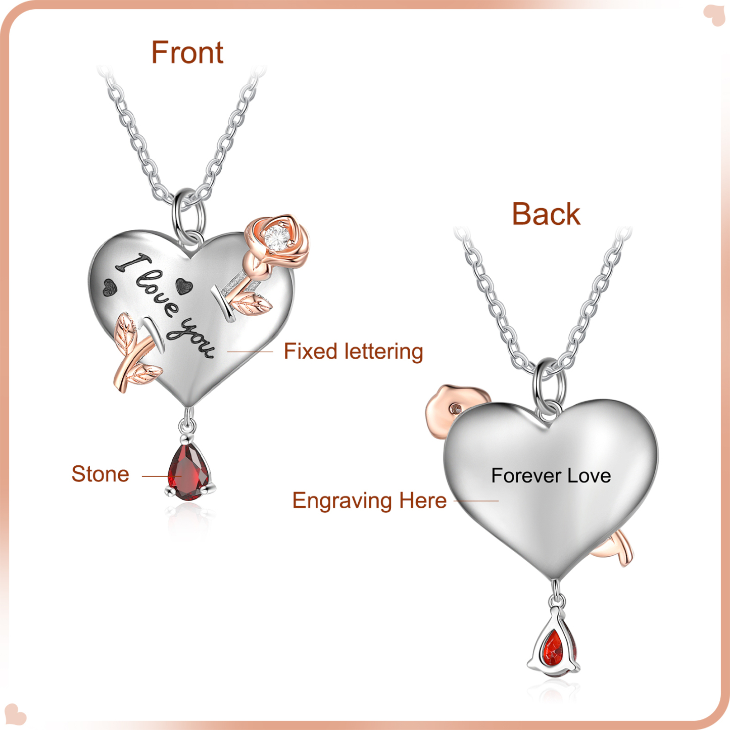 Personalised Heart Rose Necklace With Birthstone Valentine's Day Gifts For Her-Jessemade AU