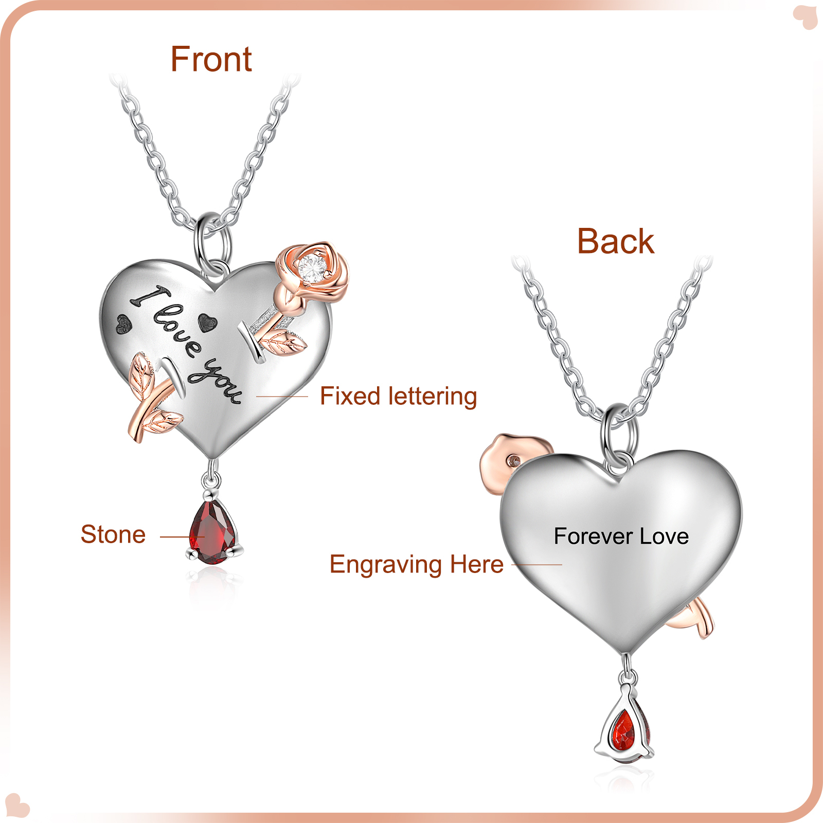 Personalised Heart Rose Necklace With Birthstone Valentine's Day Gifts For Her-Jessemade AU