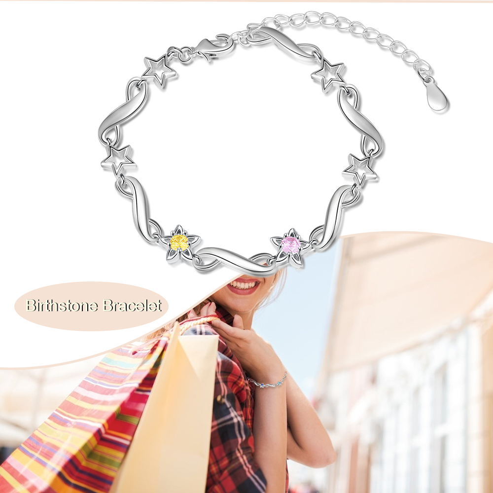 Personalised Star Bracelet With 2 Birthstones Engraved Names Bracelet Gift For Women-Jessemade AU