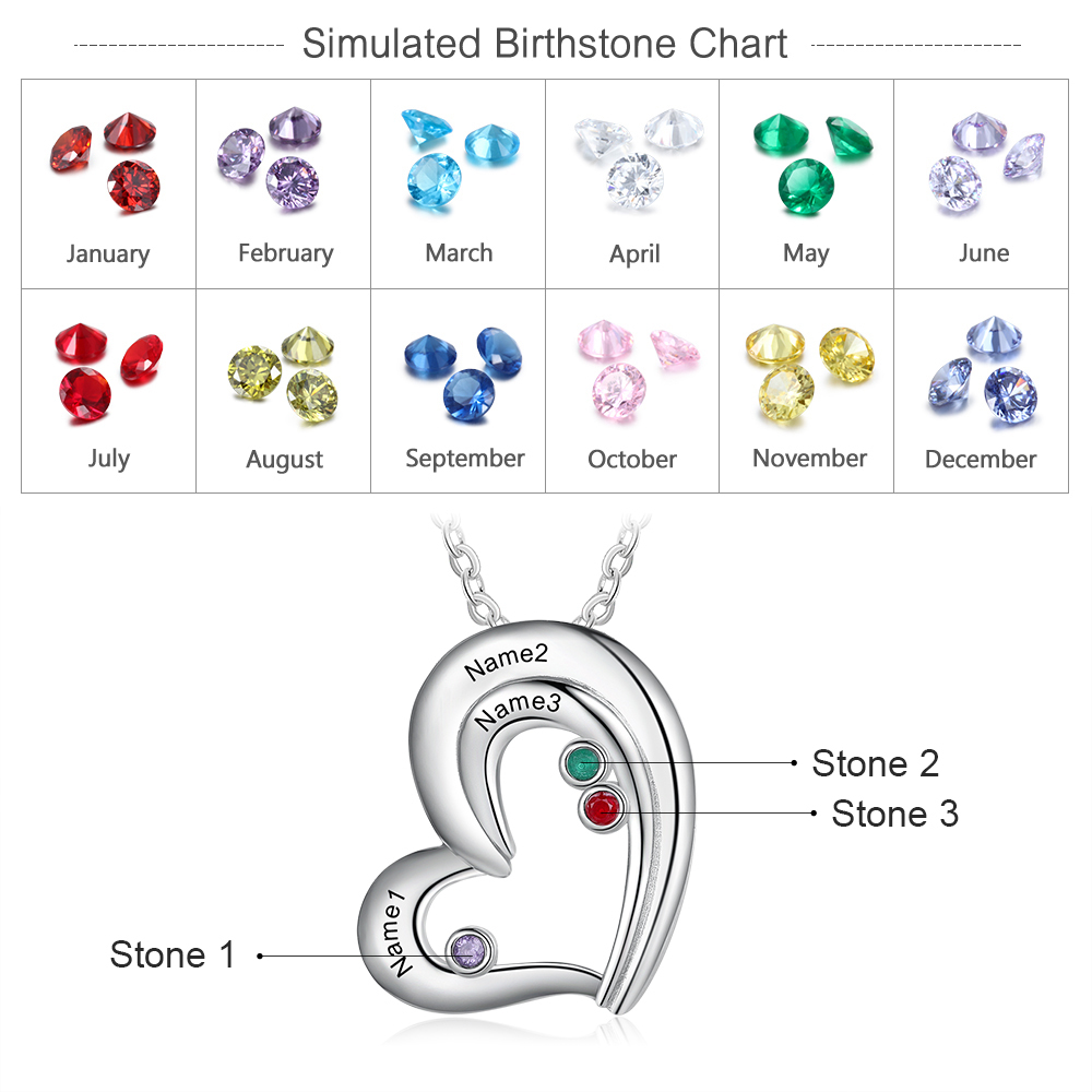 Personalised Heart Necklace With 3 Birthstones Engraved Names Gift For Her-Jessemade AU
