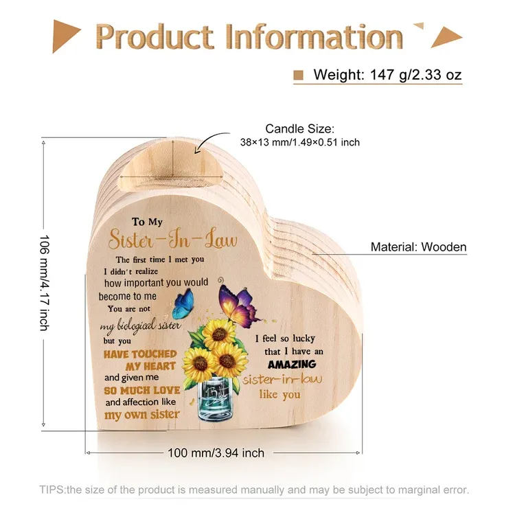 To My Sister-In-Law Heart Candle Holder "I Feel So Lucky That I Have An Amazing Sister-In-Law Like You" Wooden Candlestick-Jessemade AU
