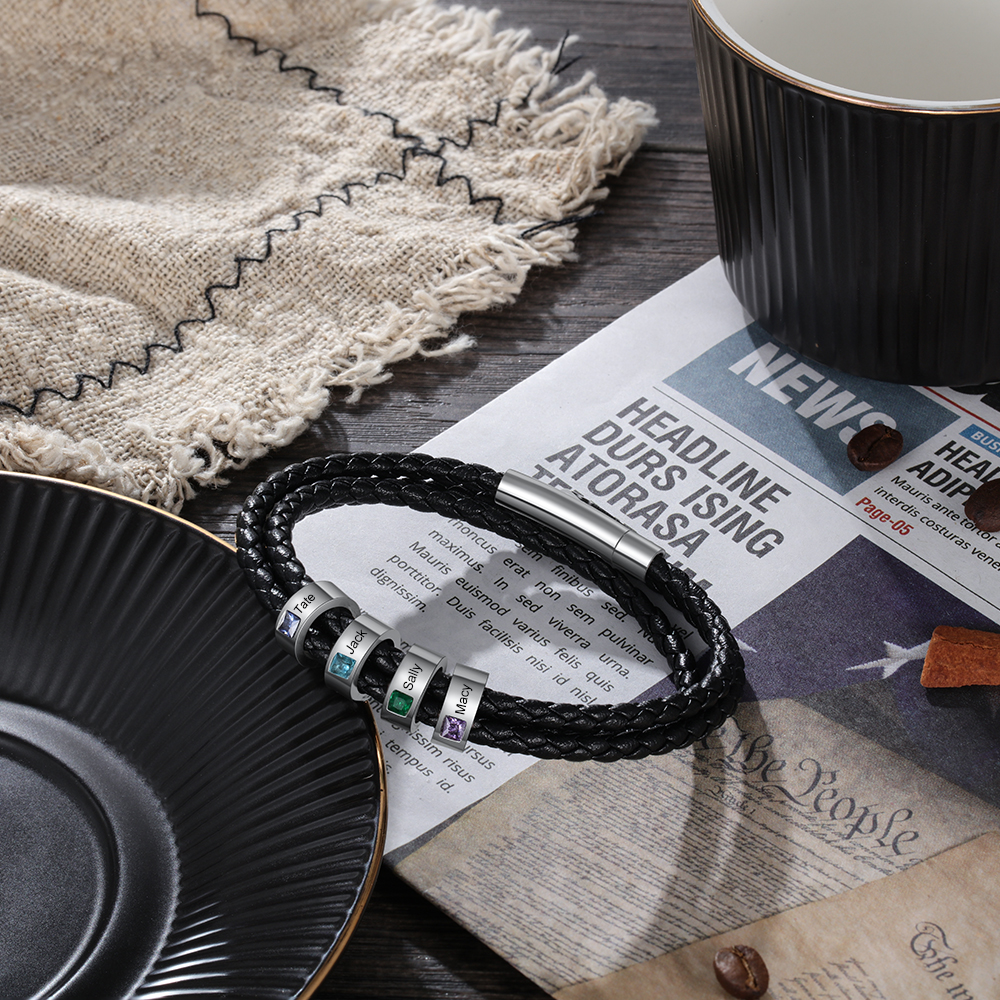 Personalised 3 Layer Leather Bracelet with 3 Beads Engraved Names Men's Bracelets for Him-Jessemade AU