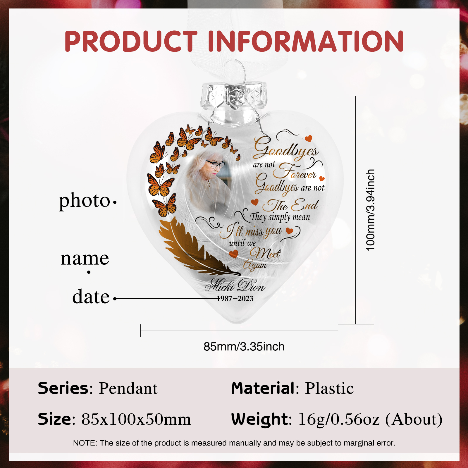 Heart Christmas Memorial Ornaments Custom Name & Date & Photo Feather Ornament Commemorate Deceased Loved Ones - Goodbyes Are Not Forever-Jessemade AU