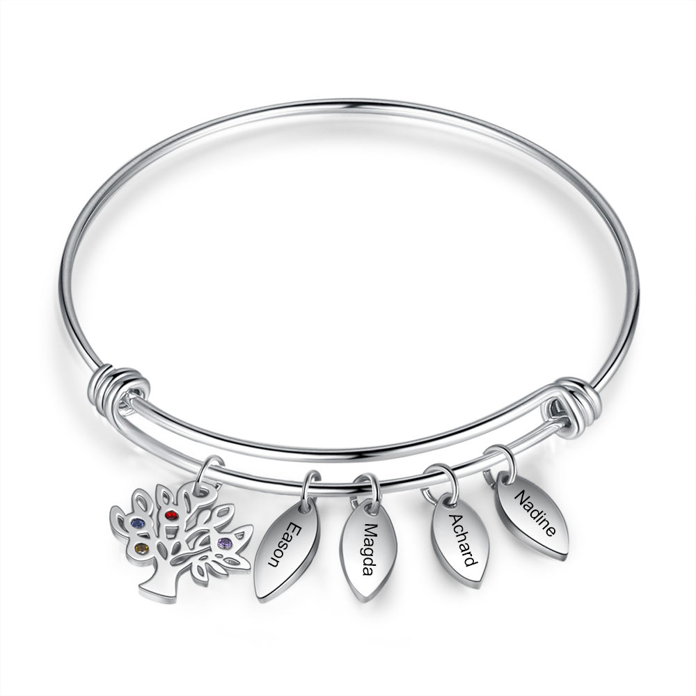 Personalised Family Tree Bracelet with 4 Birthstones Leaf Charms Bangle for Her-Jessemade AU