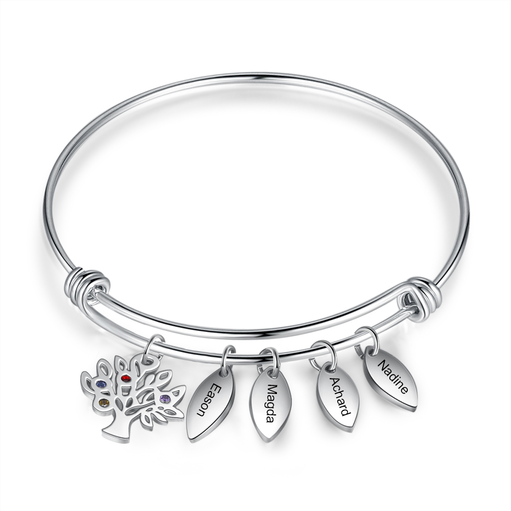 Personalised Family Tree Bracelet with 4 Birthstones Leaf Charms Bangle for Her-Jessemade AU
