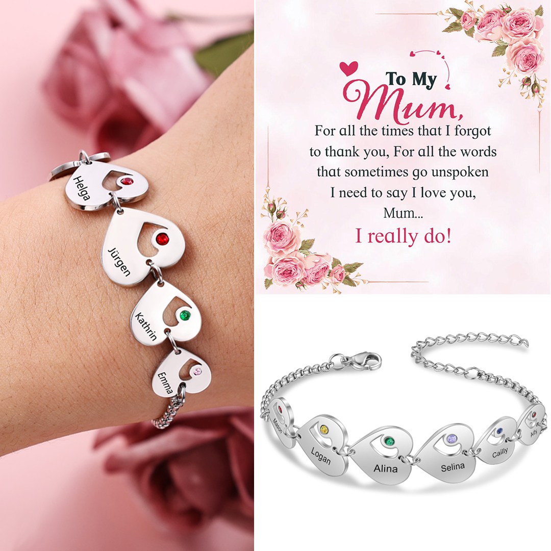 6 Names - Personalised Heart Bracelet Custom Names & Birthstones Family Bracelet Gifts for Her-Jessemade AU