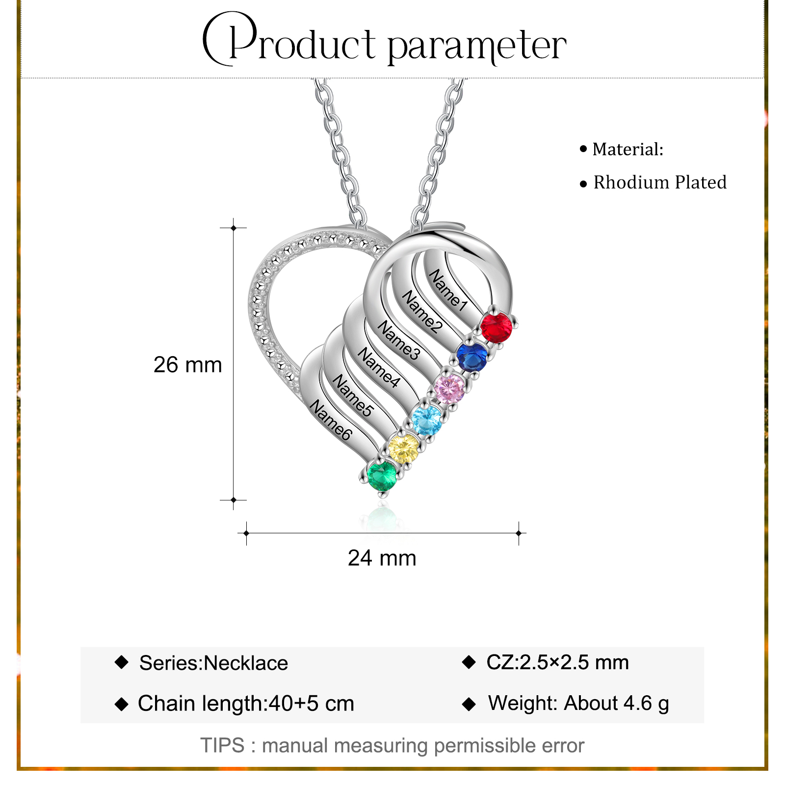 Personalised Heart Necklace With 6 Birthstones Engraved Names Gift For Her-Jessemade AU