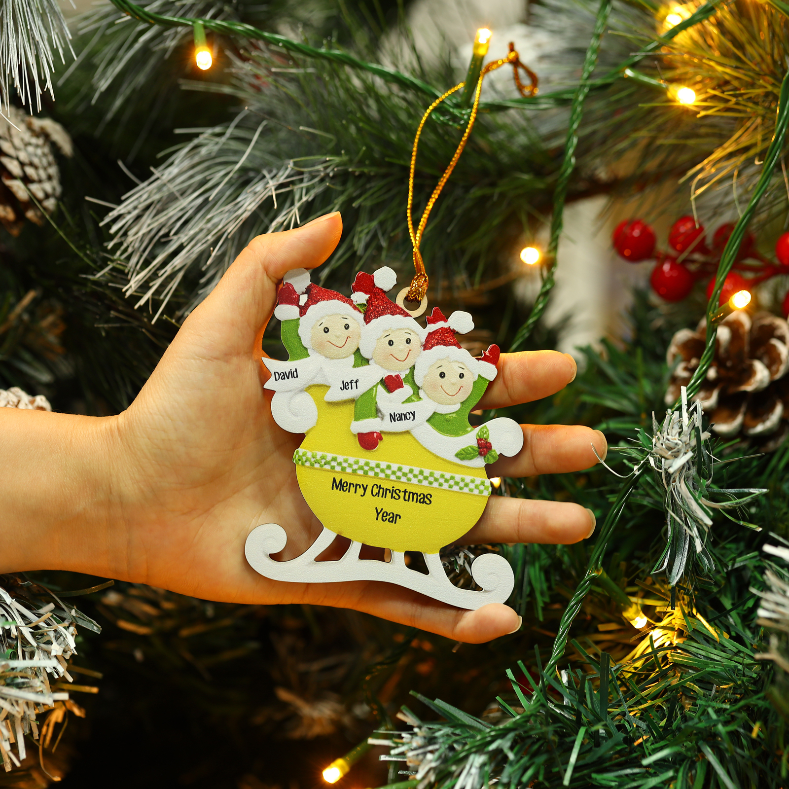 3 Names - Personalised Yellow Sleigh Family Christmas Ornament Customised Name & Text Wooden Hanging Ornaments Christmas Gift for Family-Jessemade AU