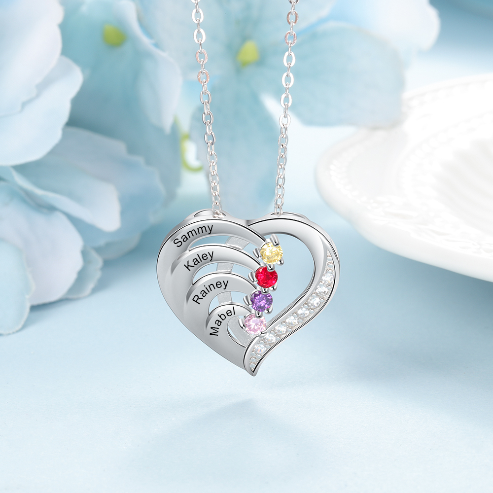Personalised Mother Necklace 4 Stones Engraved 4 Names Birthstone Family Heart Pendant Gifts for Her-Jessemade AU