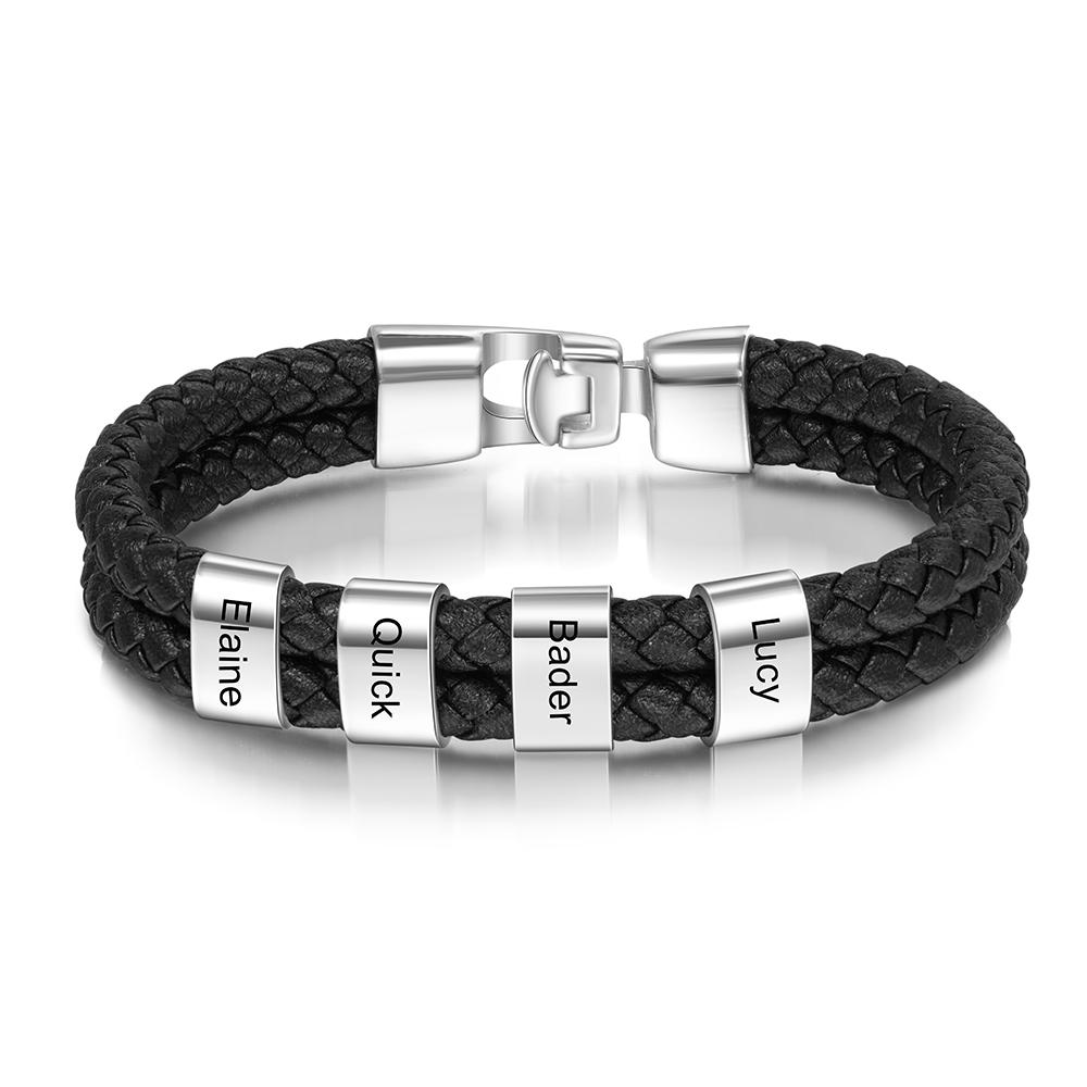 Customised Braided Leather Bracelet Engraved 4 Names Men's Bracelet for Him