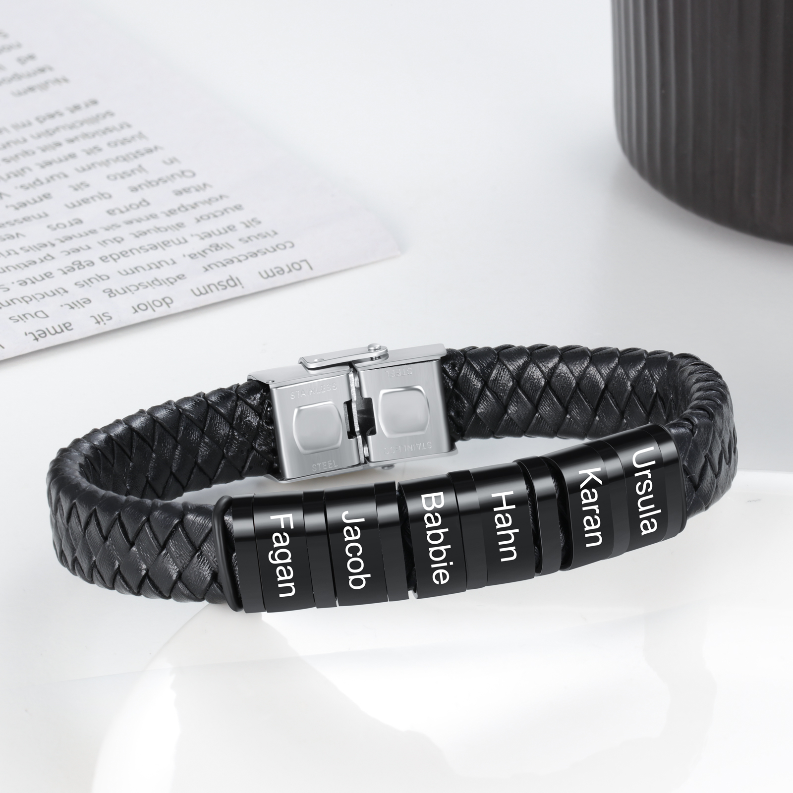 Men Leather Braided Bracelet Personalised with 6 Names Black-Jessemade AU