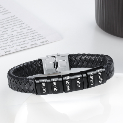 Men Leather Braided Bracelet Personalised with 6 Names Black-Jessemade AU