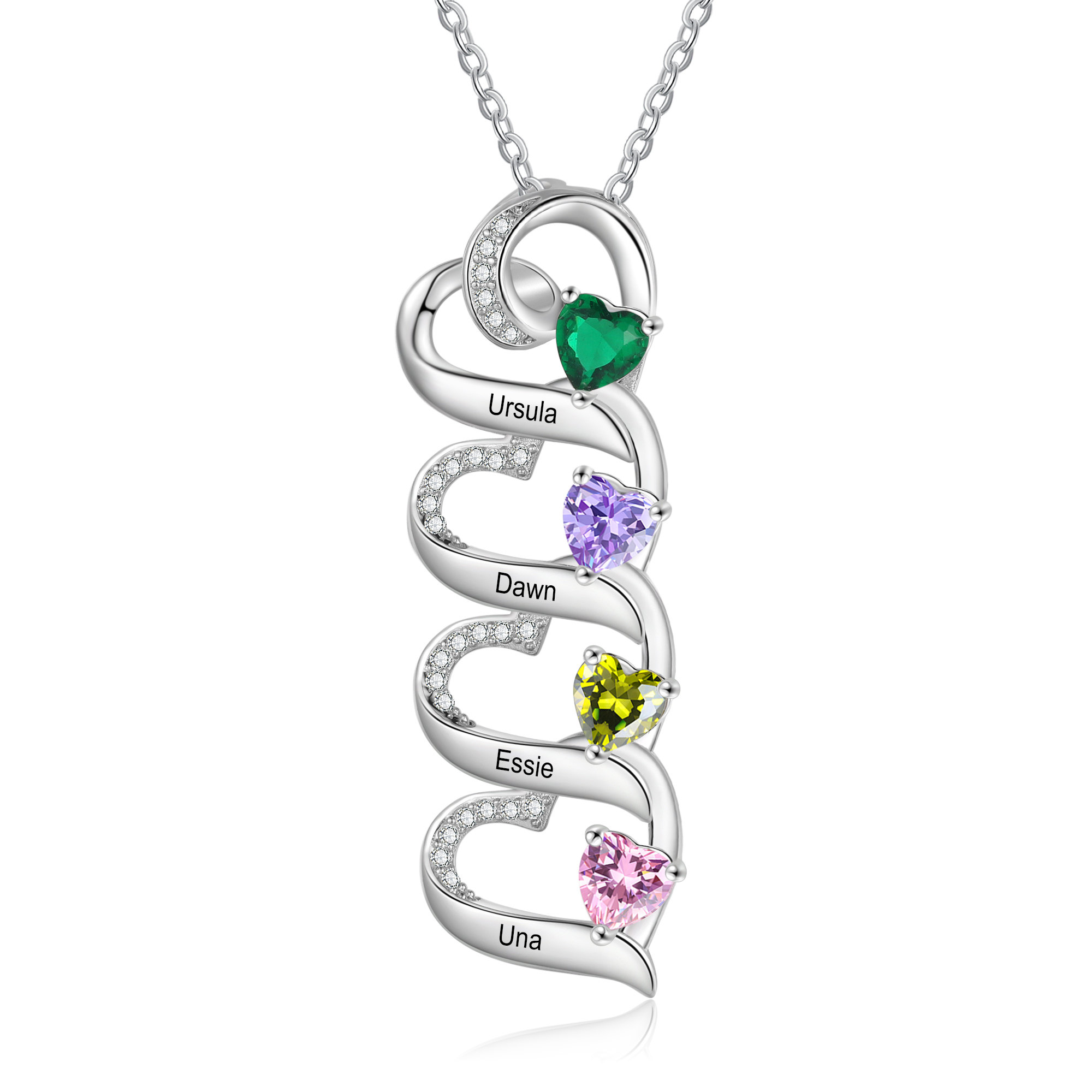 Personalised S925 Silver Heart Necklace Custom 4 Birthstones and Names Gift for Her