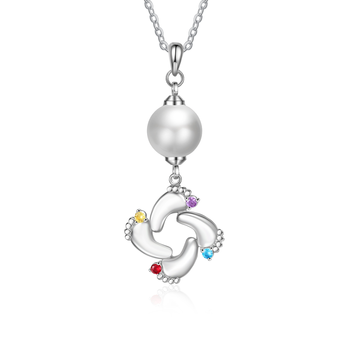 Personalised Baby Feet Pearl Necklace Custom 4 Names & Birthstones Mother Necklace-Jessemade AU