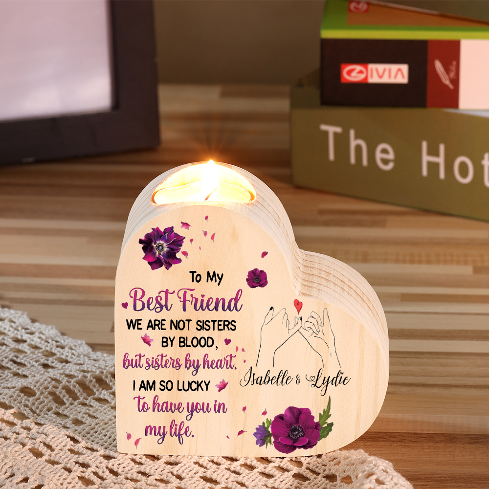 To My Best Friend Violet Flower Heart Candle Holder "I AM SO LUCKY TO HAVE YOU IN MY LIFE" Wooden Candlestick-Jessemade AU