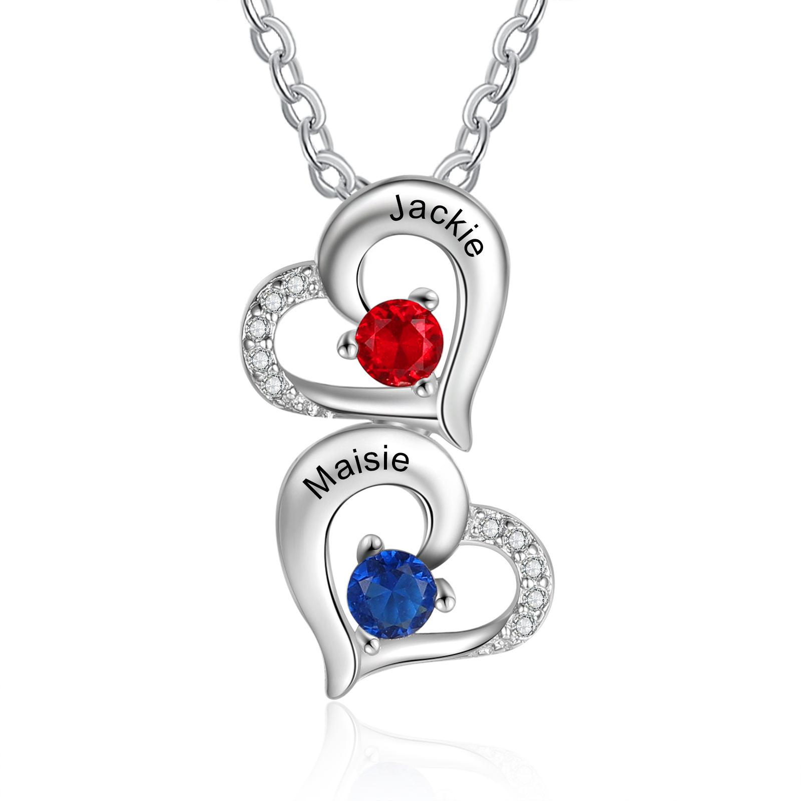 Personalised Heart Necklace With 2 Birthstones Engraved Names Gift For Her-Jessemade AU
