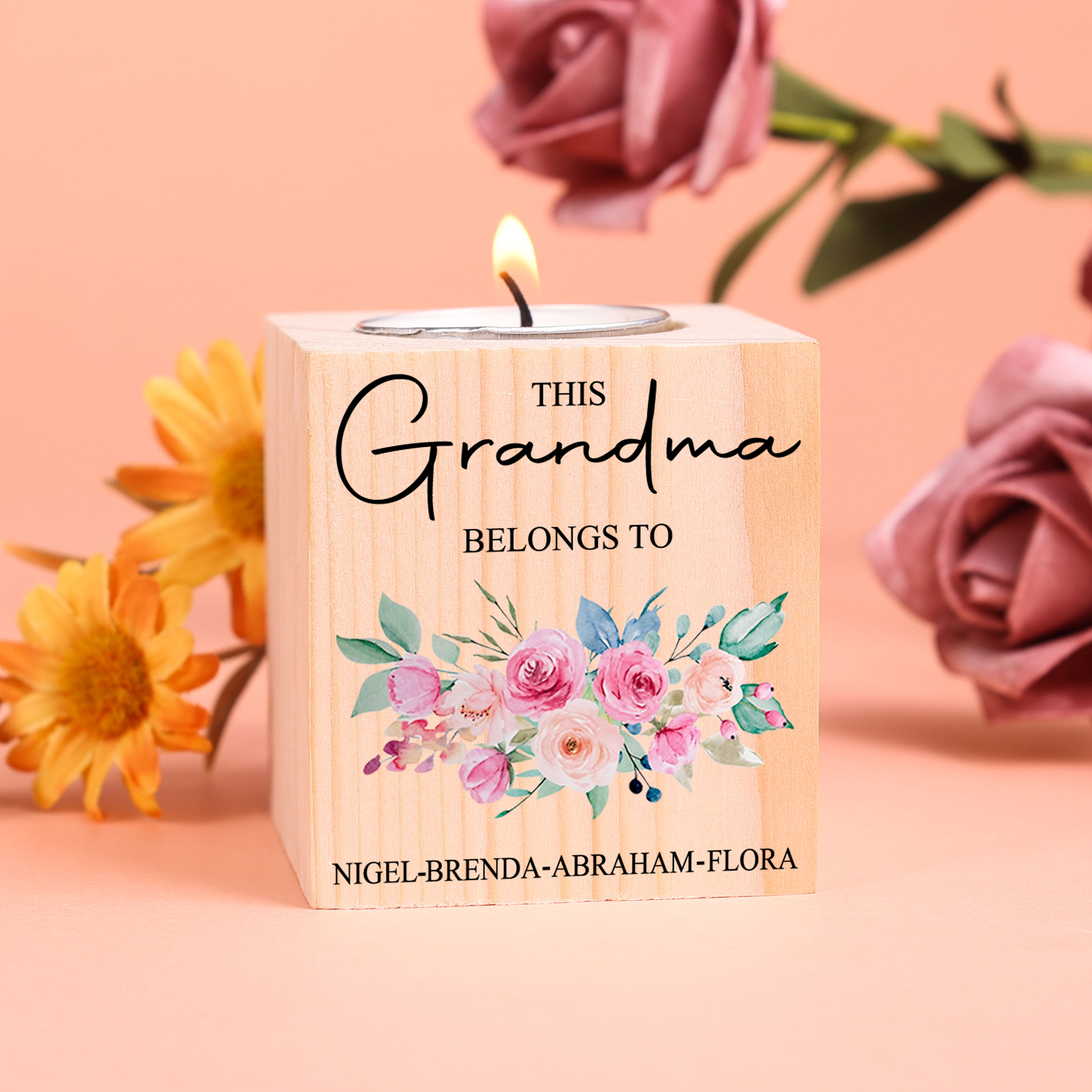 4 Names - Personalised Wooden Candle Holder Engraved Name Candlestick Grandparents Day Gift for Grandma-Jessemade AU