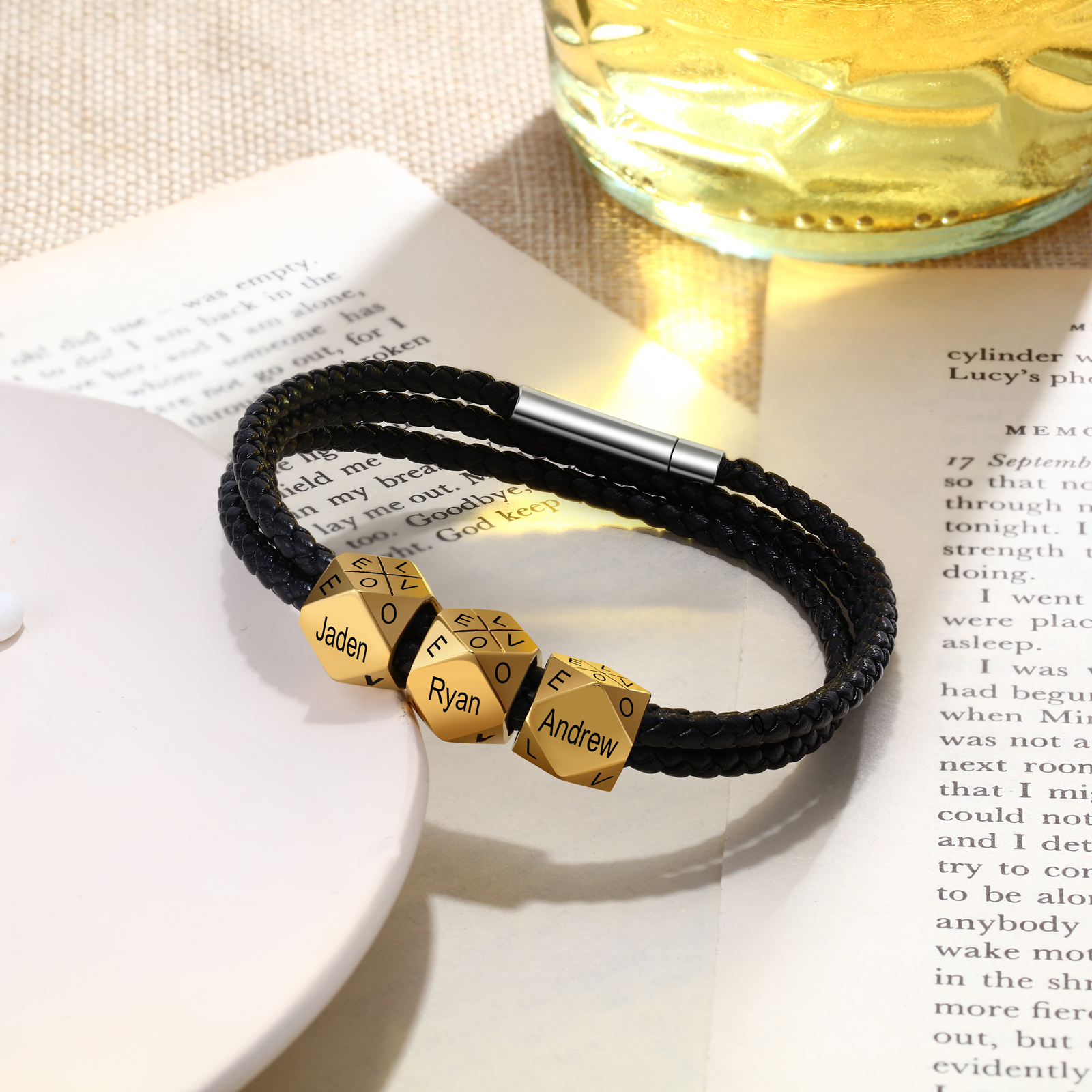 Personalised Braided Leather Bracelet Engraved 6 Names polyhedron Men's Bracelet Gifts For Him-Jessemade AU