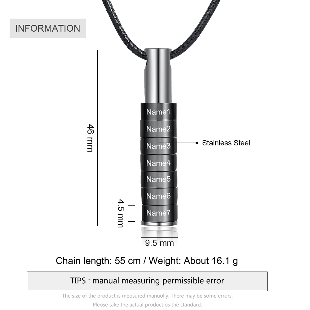 Personalised Vertical Cylinder Pendant Necklace with Beads Engraved 7 Names Men's Necklace for Him-Jessemade AU