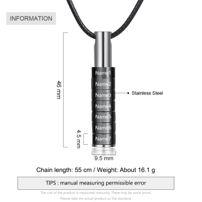 Personalised Vertical Cylinder Pendant Necklace with Beads Engraved 7 Names Men's Necklace for Him-Jessemade AU