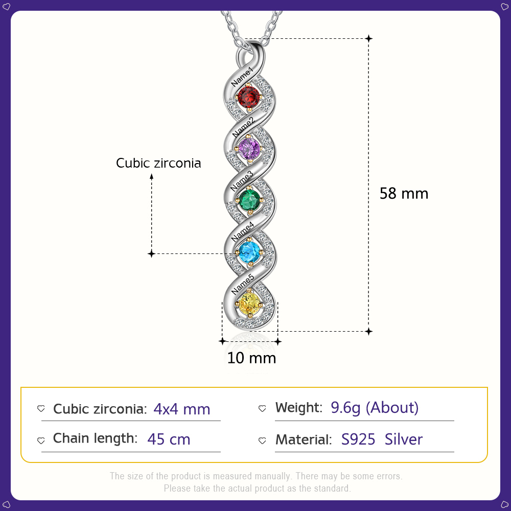 Personalised DNA Necklace With 5 Birthstones Engraved Names Gift For Women-Jessemade AU