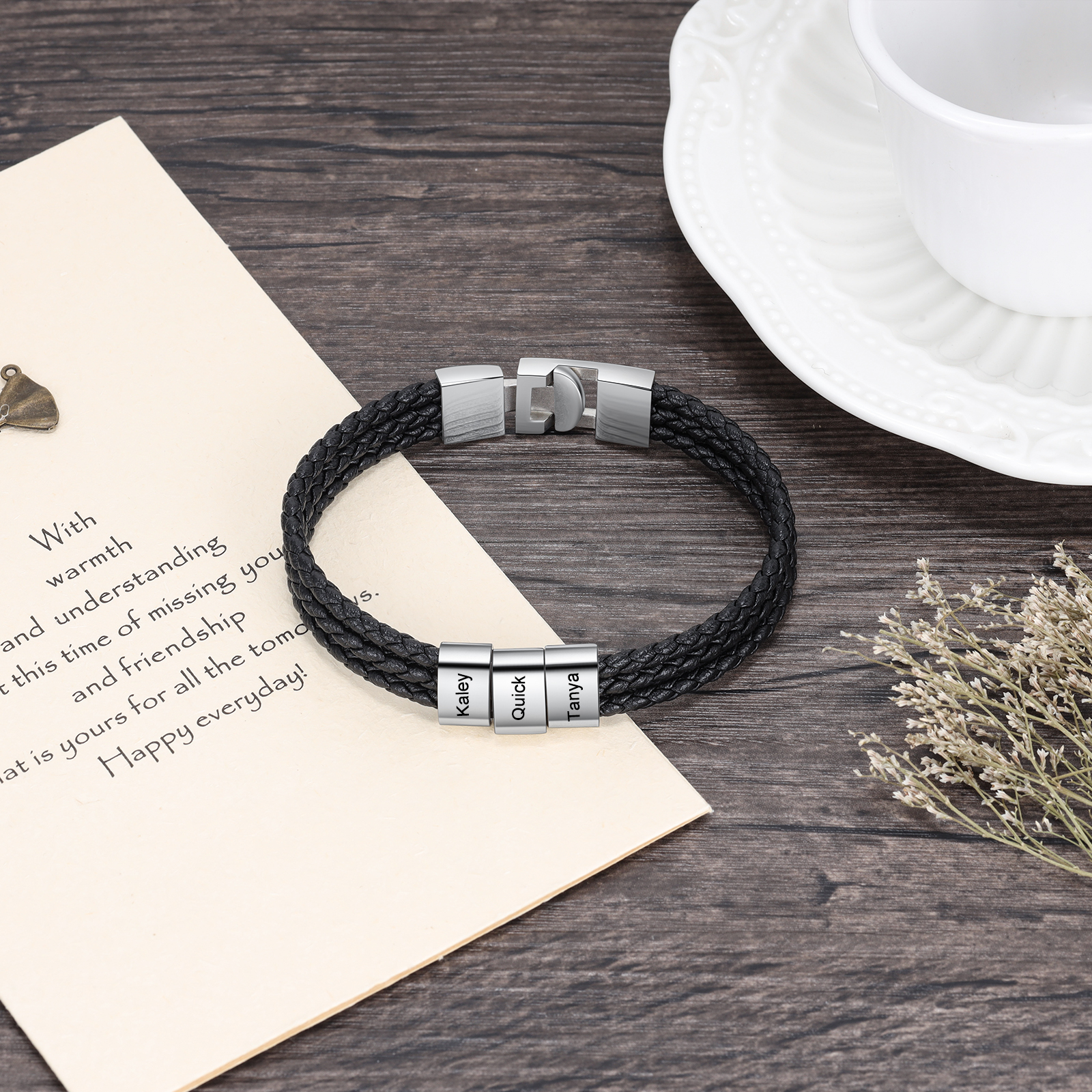 Personalised Braided Leather Bracelet Engraved 3 Names Men's Bracelet Gifts For Him-Jessemade AU