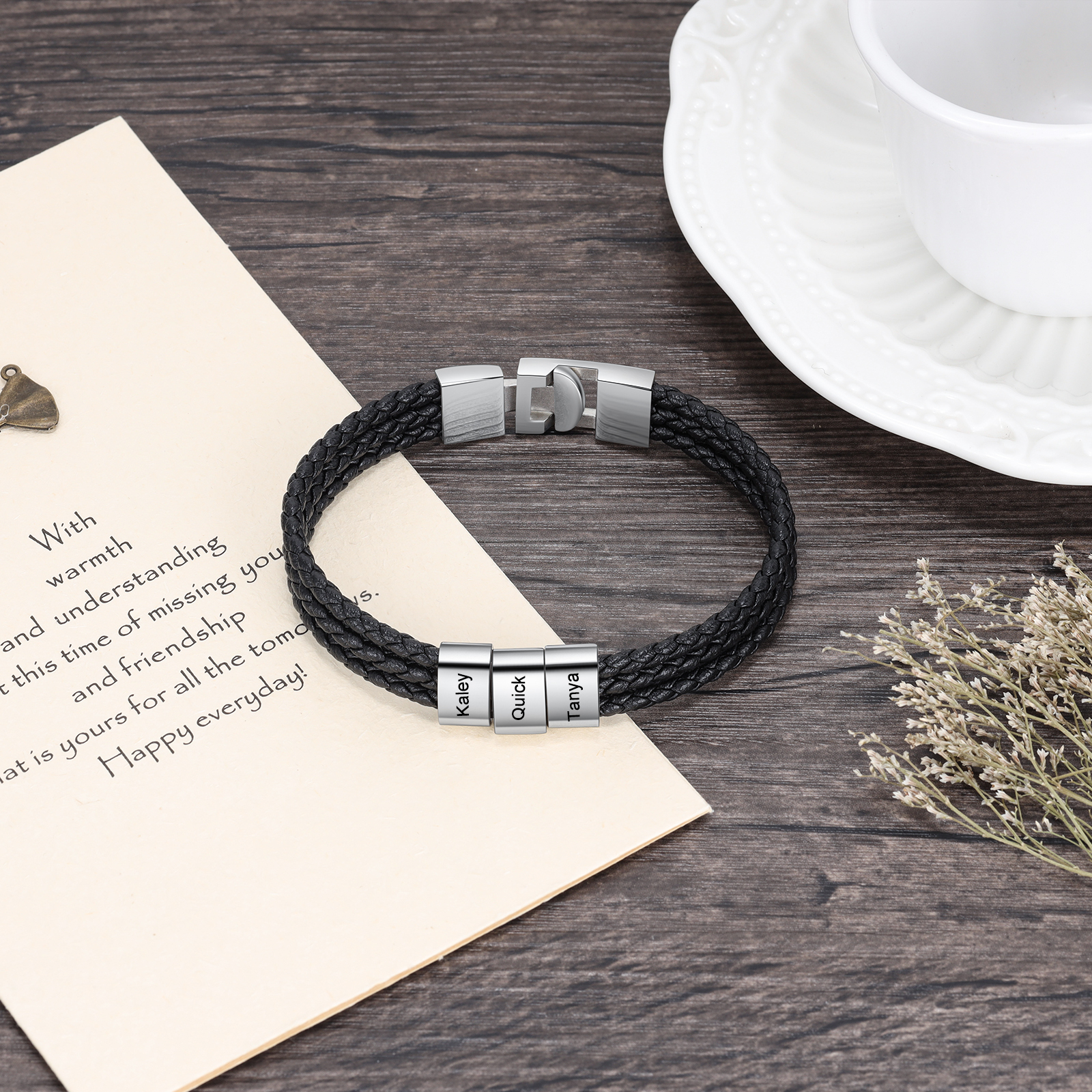 Personalised Braided Leather Bracelet Engraved 3 Names Men's Bracelet Gifts For Him-Jessemade AU