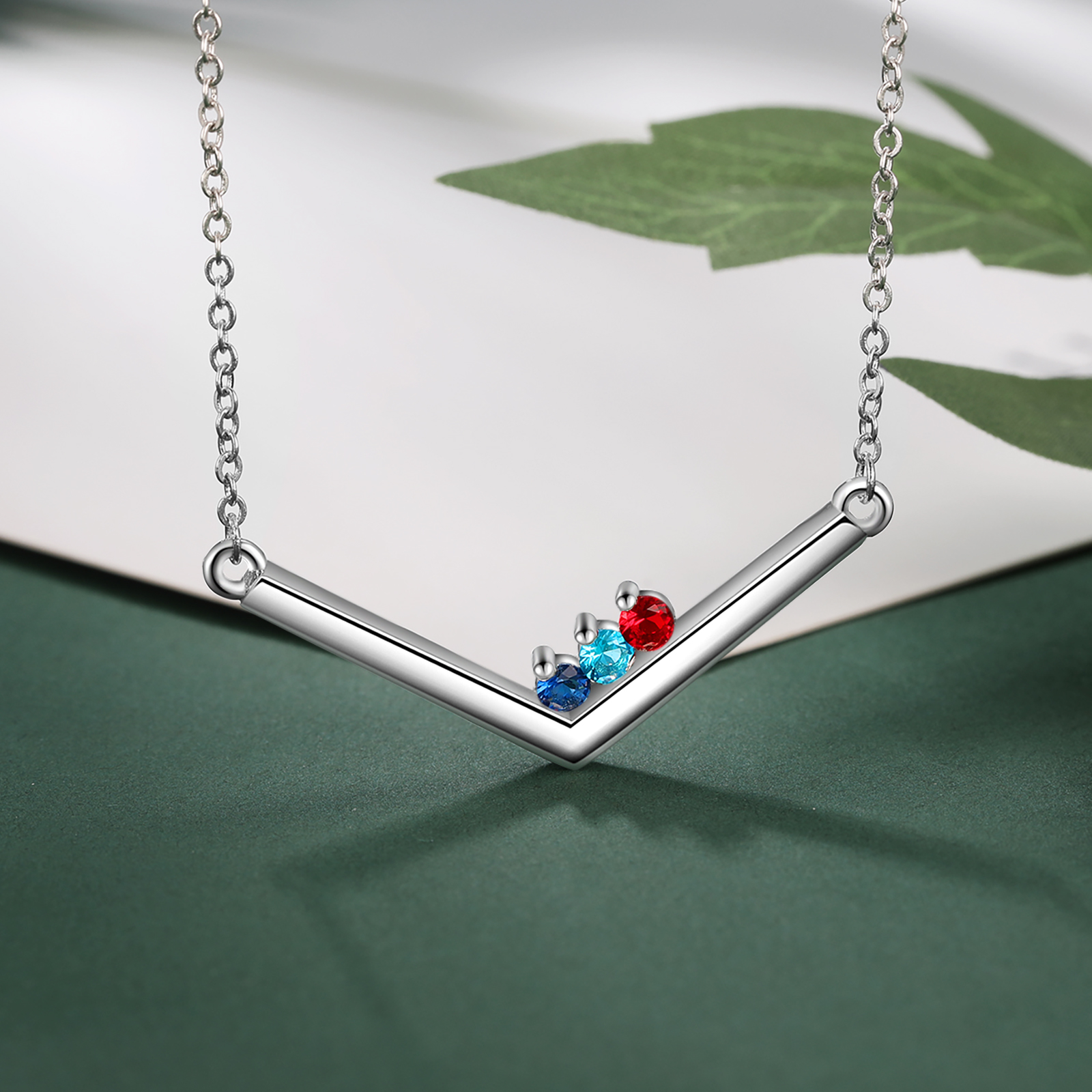 V Shape Necklace with Family Birthstone Personalised 3 Stones Family Necklace For Her-Jessemade AU