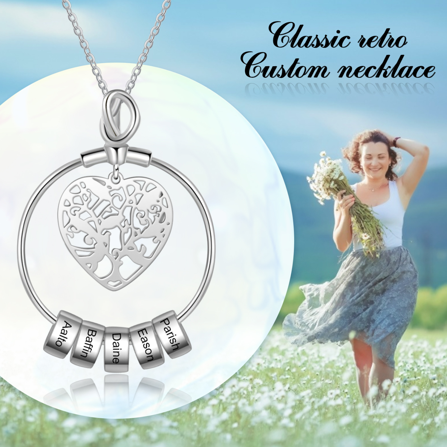 Personalised Family Tree Necklace with 5 Beads Custom 5 Names Heart Necklace Gifts For Women-Jessemade AU