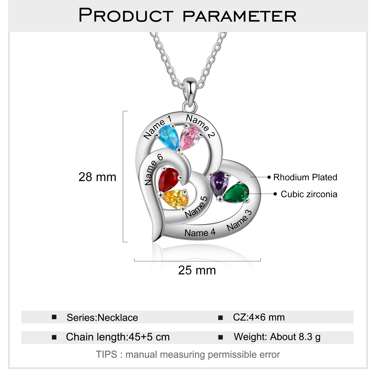 Personalised Heart Necklace With 6 Birthstones Engraved Names Gift For Her-Jessemade AU