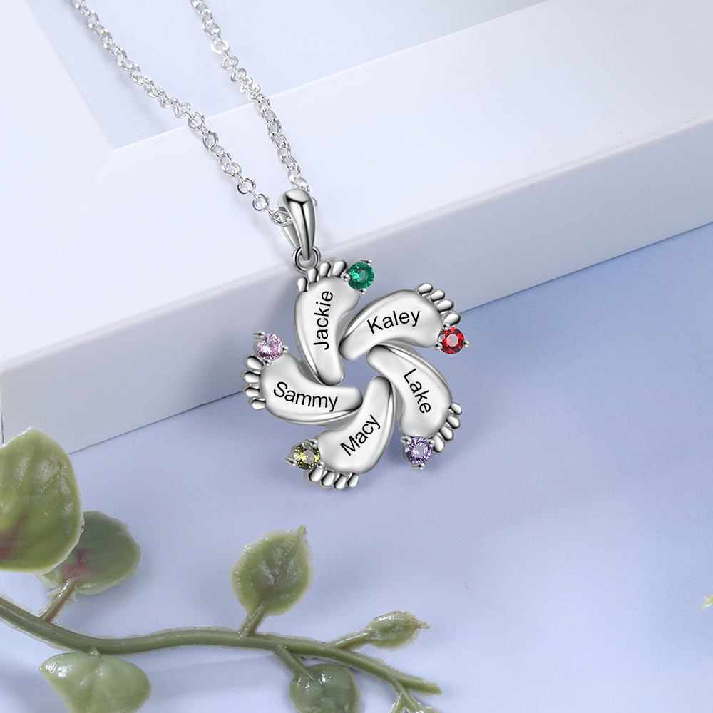Personalised Baby Foot Necklace With 5 Birthstones Engraved Names Gift For Mother-Jessemade AU