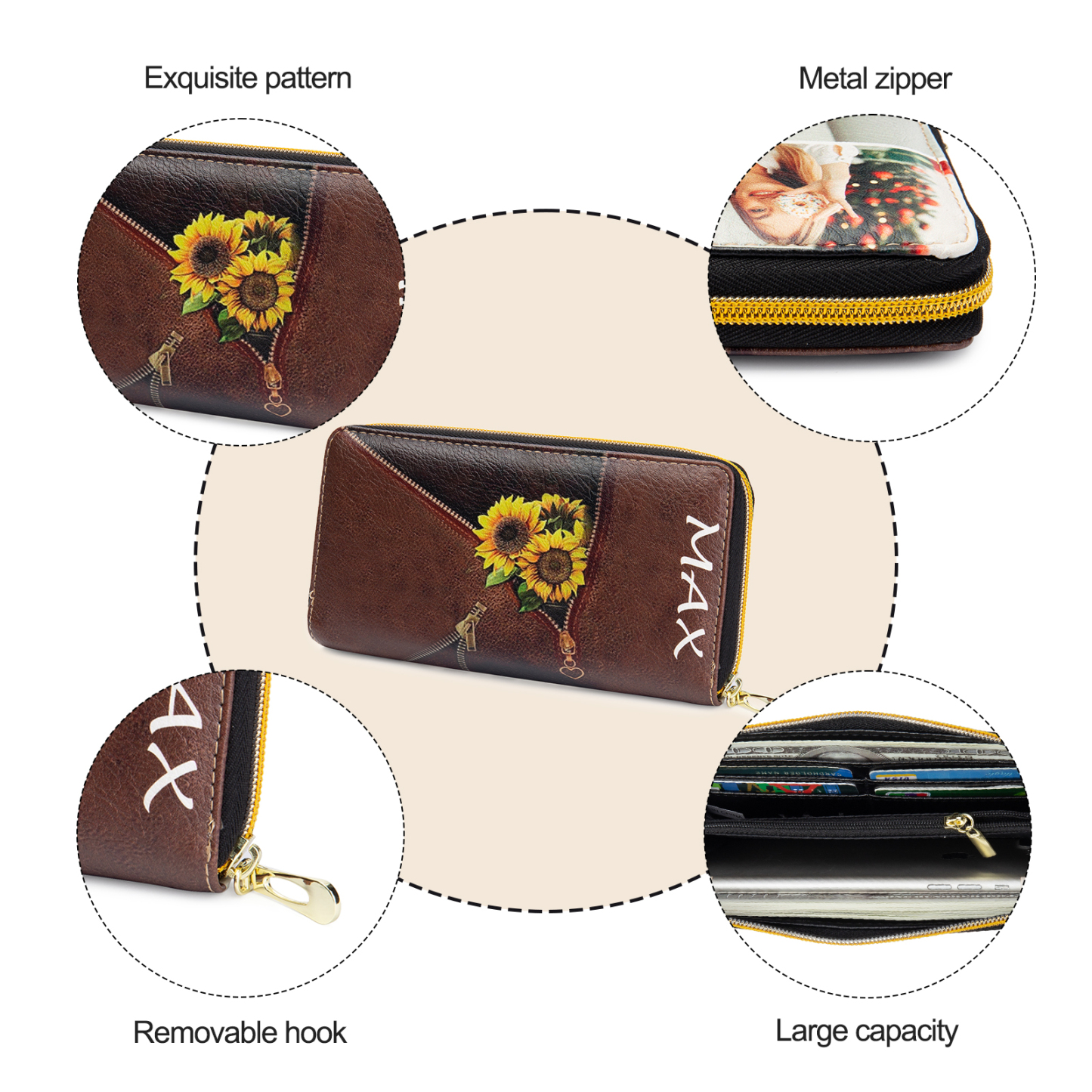 Long Purse Personalised Sunflower Leather Wallet Engraved 1 Photo Zip Wallet Gifts for Her-Jessemade AU