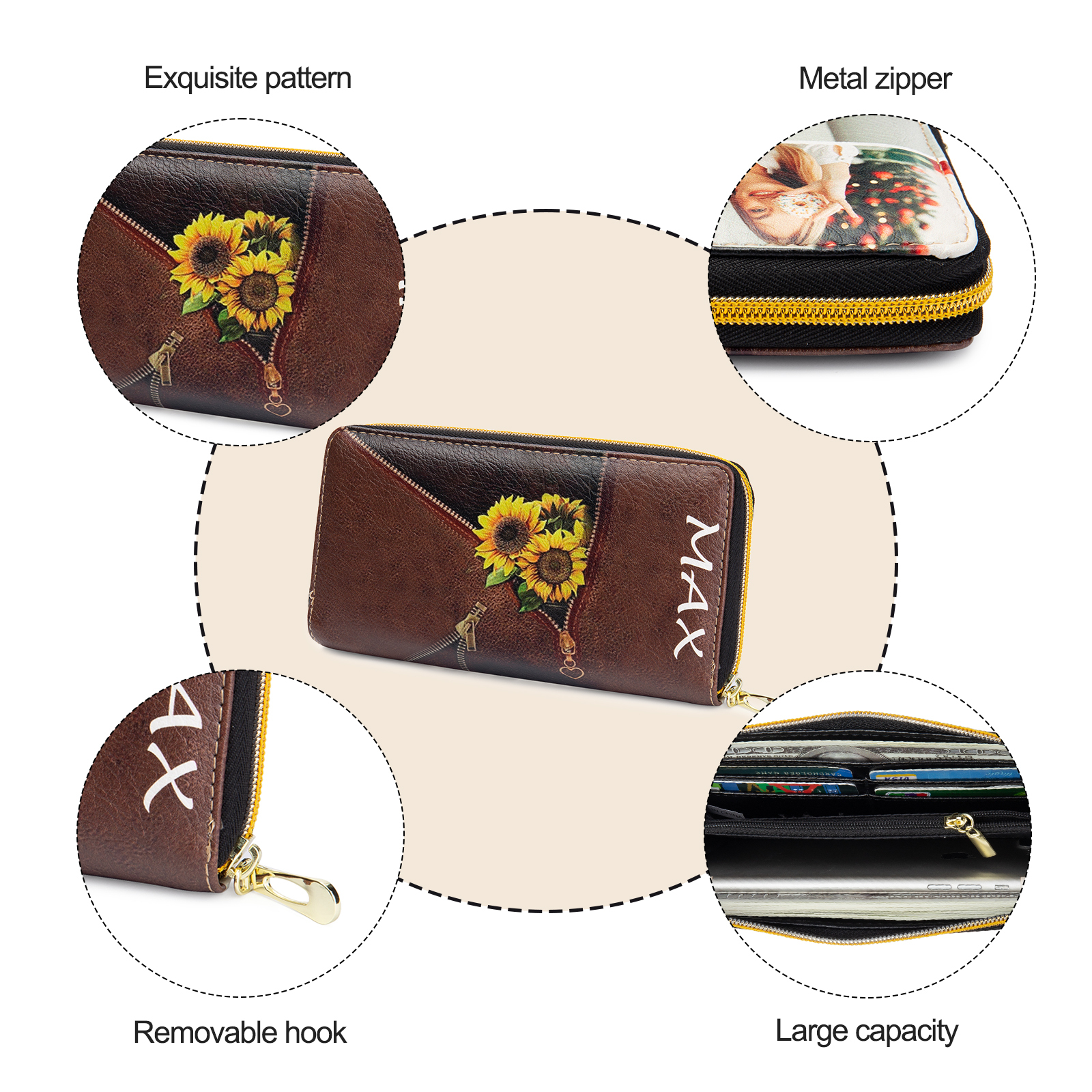 Long Purse Personalised Sunflower Leather Wallet Engraved 1 Photo Zip Wallet Gifts for Her-Jessemade AU