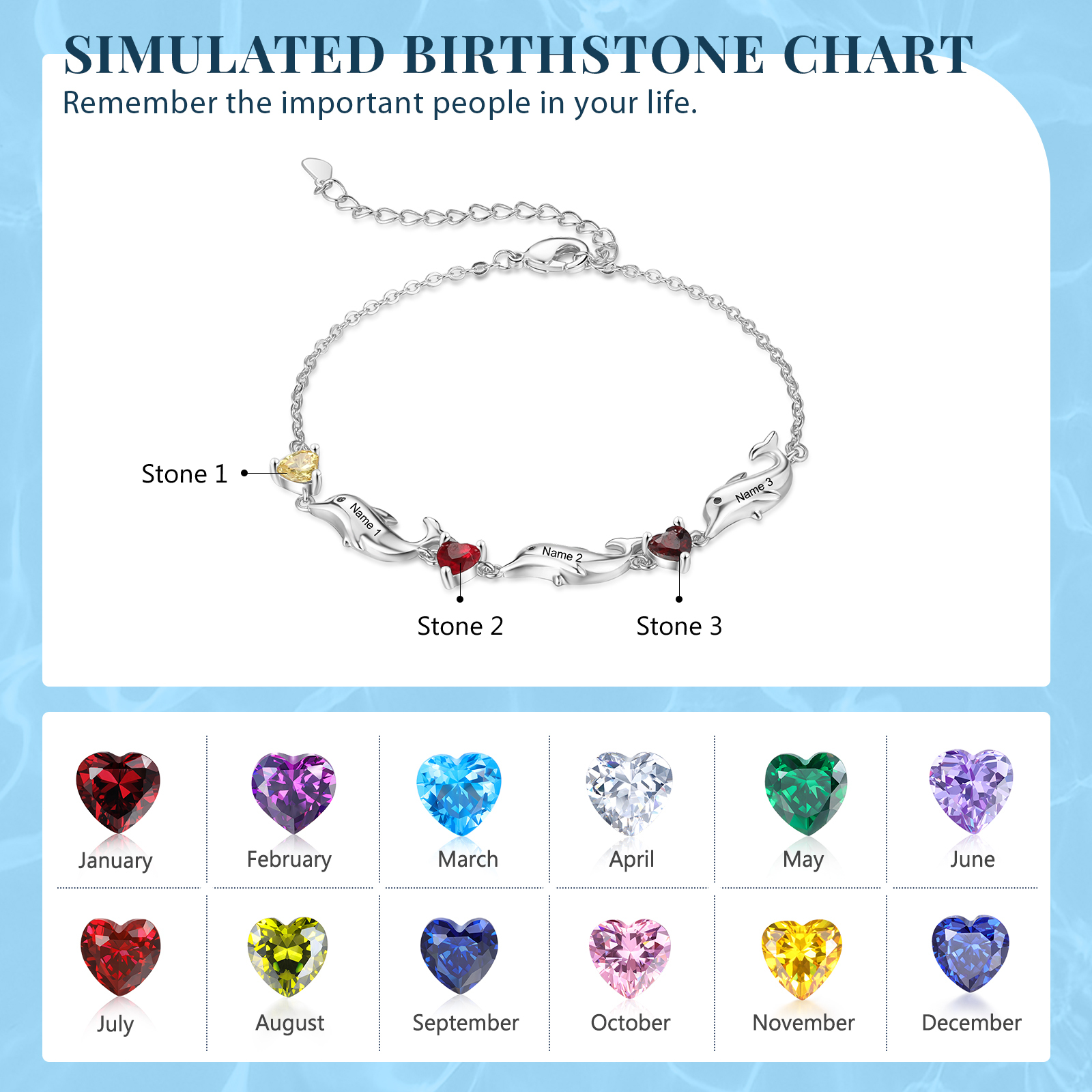 Dolphin Bracelet Personalised 3 Birthstones & 3 Names Women Bracelet-Jessemade AU