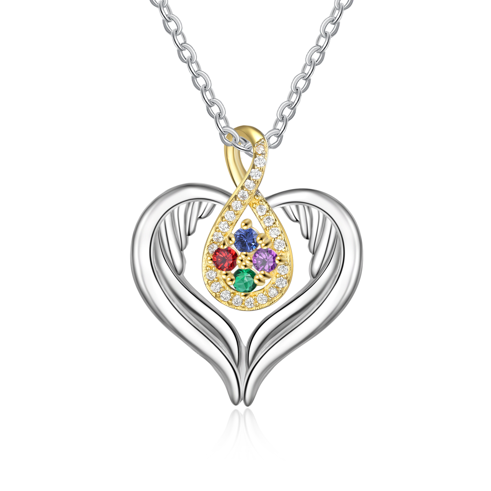 Personalised Drop Heart wings Necklace with 4 Birthstones Engraved Names Best Gift For Women-Jessemade AU