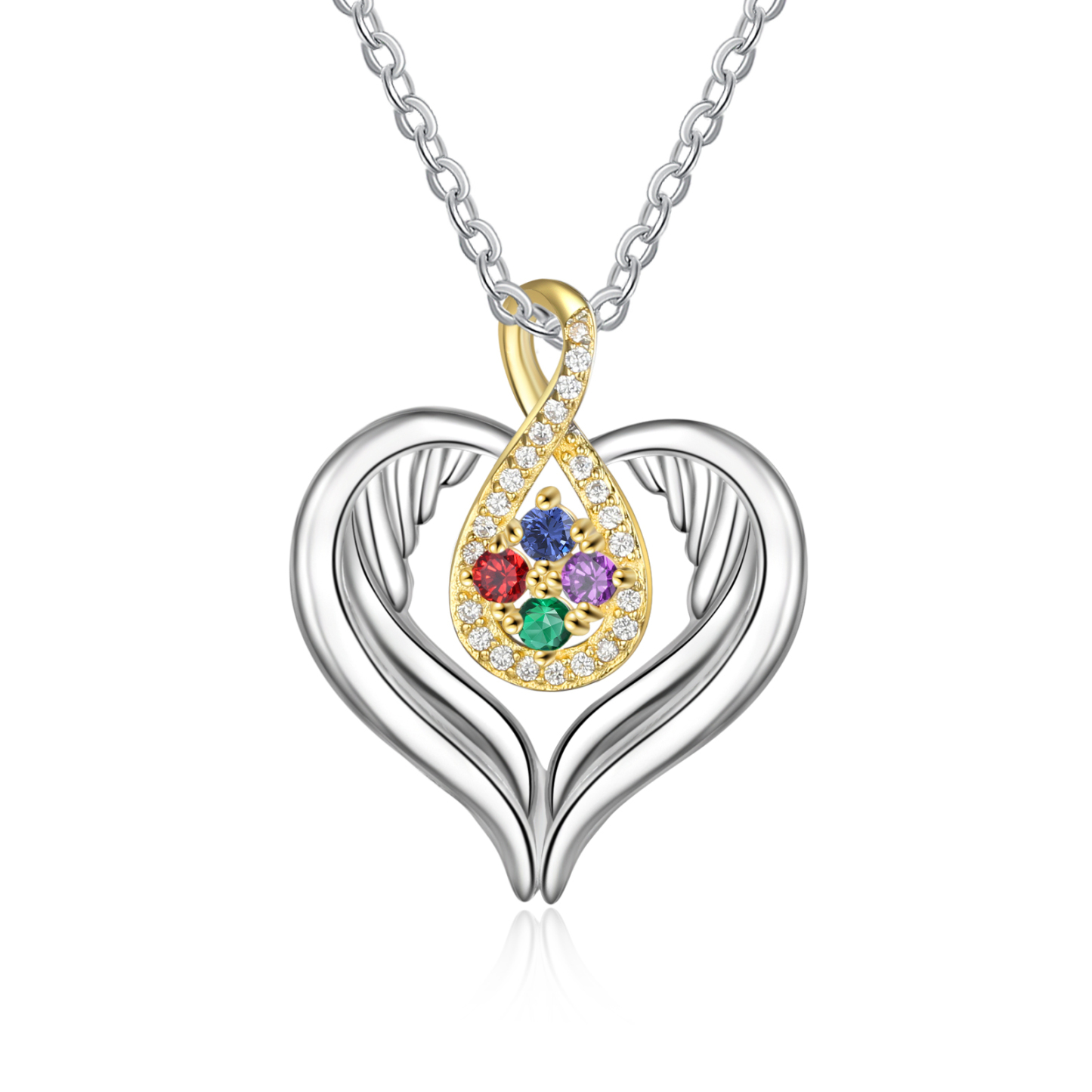 Personalised Drop Heart wings Necklace with 4 Birthstones Engraved Names Best Gift For Women-Jessemade AU