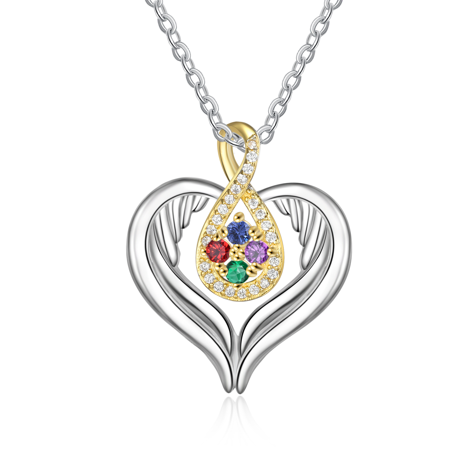 Personalised Drop Heart wings Necklace with 4 Birthstones Engraved Names Best Gift For Women-Jessemade AU