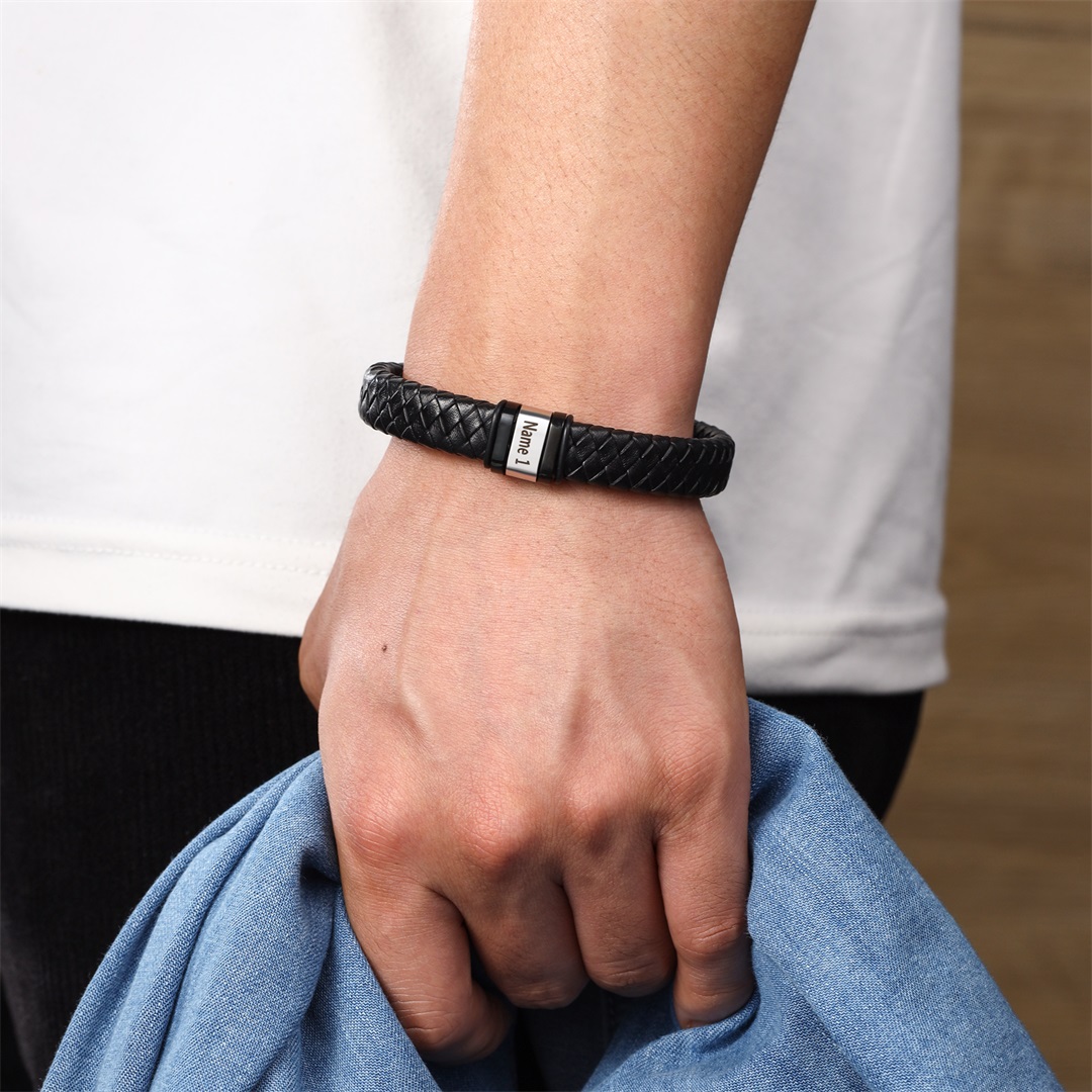 Men Leather Braided Bracelet Personalised with 1 Name Black-Jessemade AU