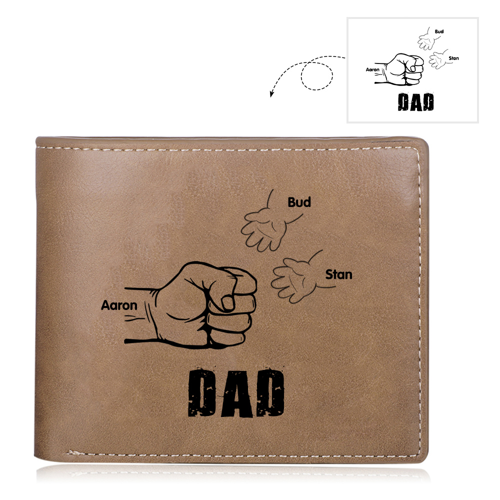 3 Names - Personalised Men Leather Wallet Engraved Names Brown Wallet Fist Bump Folding Wallet Gift For Dad-Jessemade AU