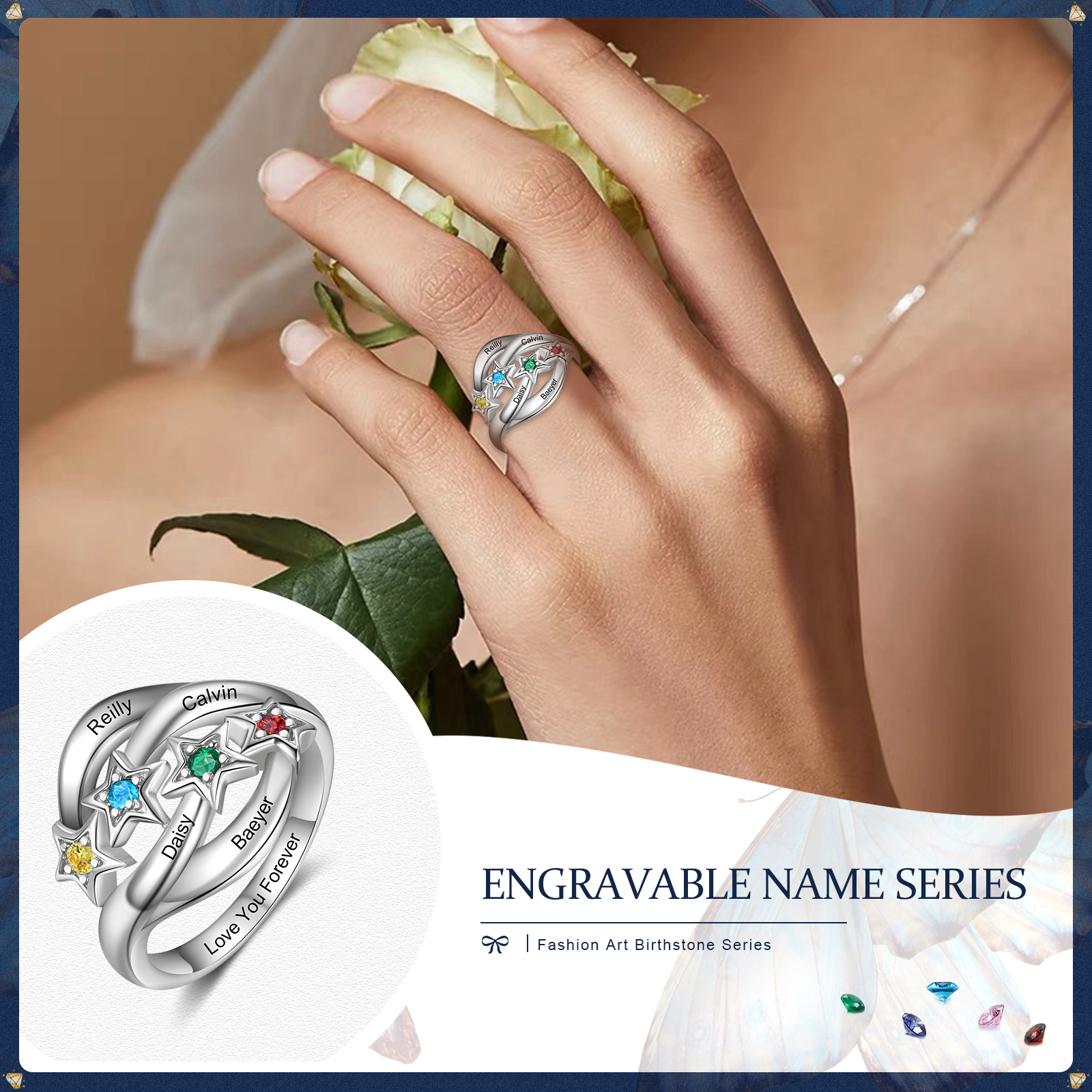 Personalised Star Ring With 4 Birthstones Engraved Names Ring Gift For Women-Jessemade AU