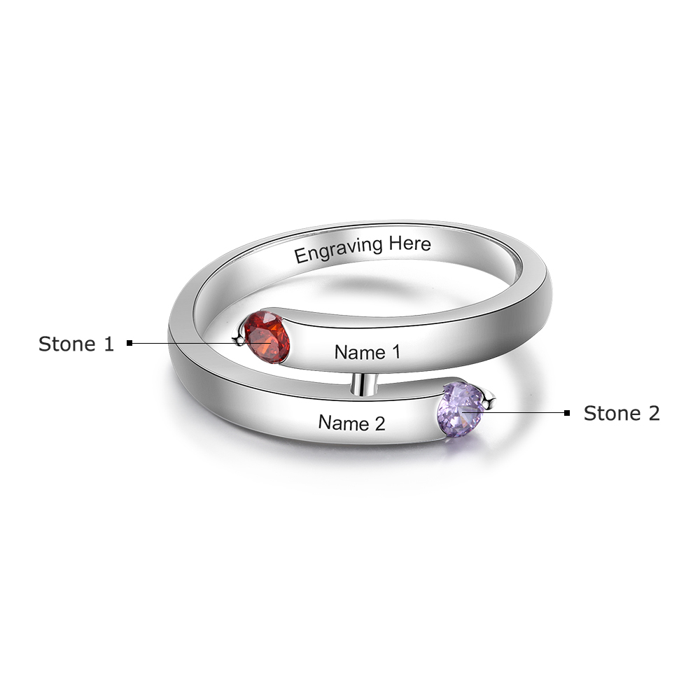 S925 Silver Ring Personalised 2 Birthstones Promise Ring With Names Gifts For Her-Jessemade AU
