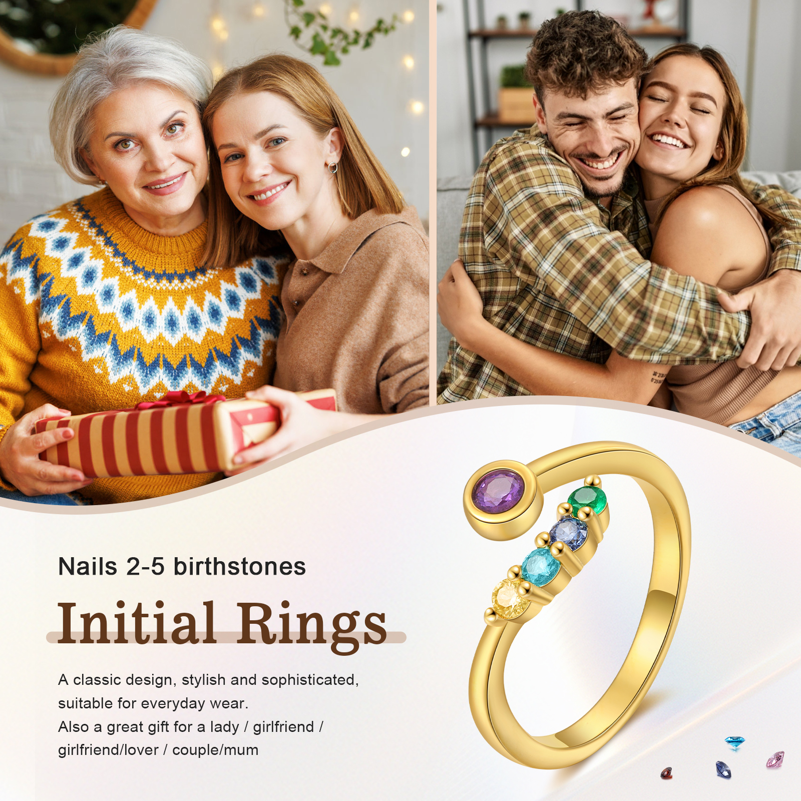 Personalised Women's Ring Custom 5 Birthstones Open Ring Birthday Gift for Ladies Girls-Jessemade AU