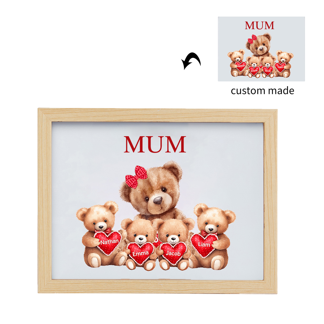 Personalised Frame Night Light Custom 1 Text  & 4 Names Teddy Bears Family Ornament Gifts for Mother/Grandma-Jessemade AU
