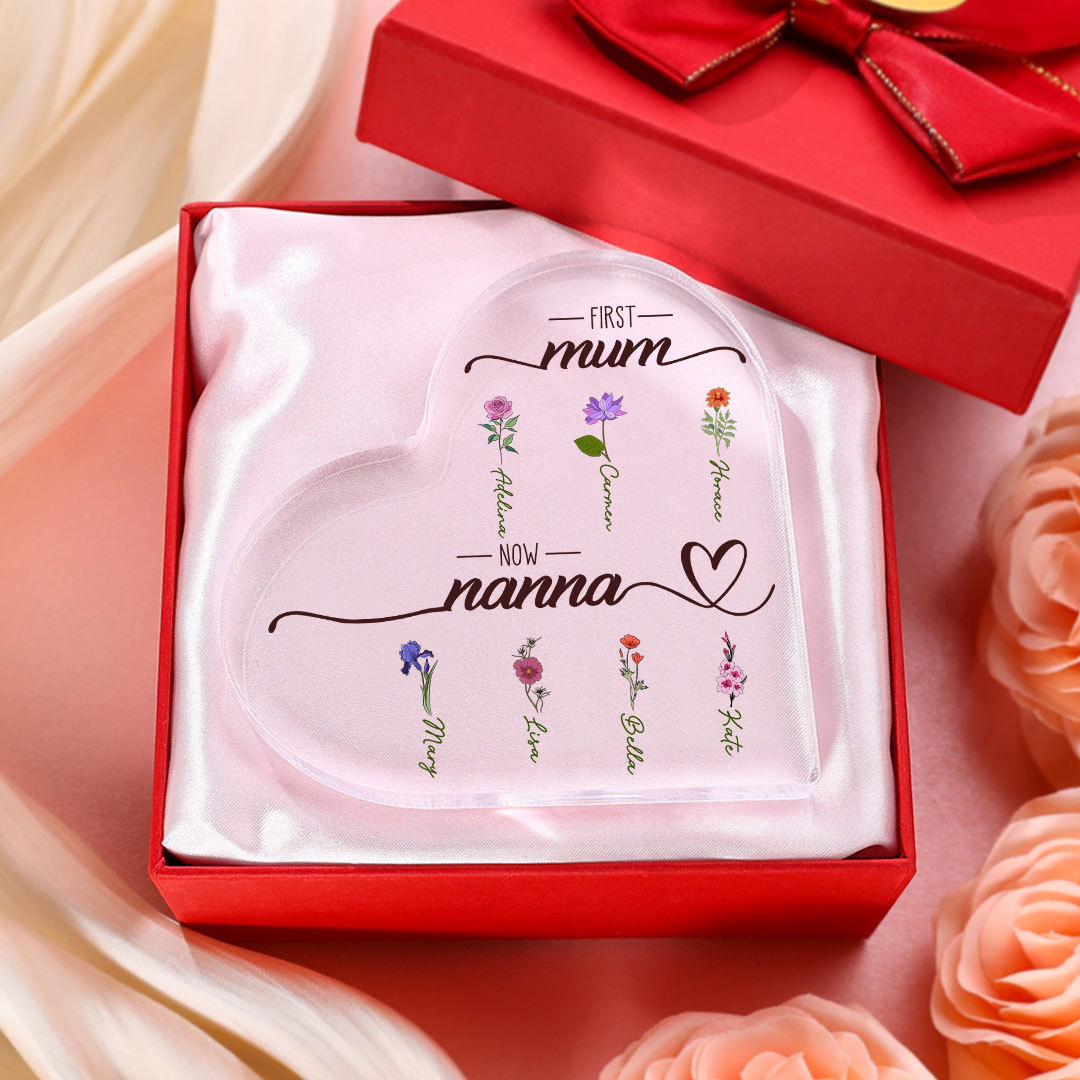 First Mum, Now Nanna - Personalised Acrylic Heart Keepsake Custom 2–10 Names & Birth Flowers Ornament Mother's Day Gift-Jessemade AU