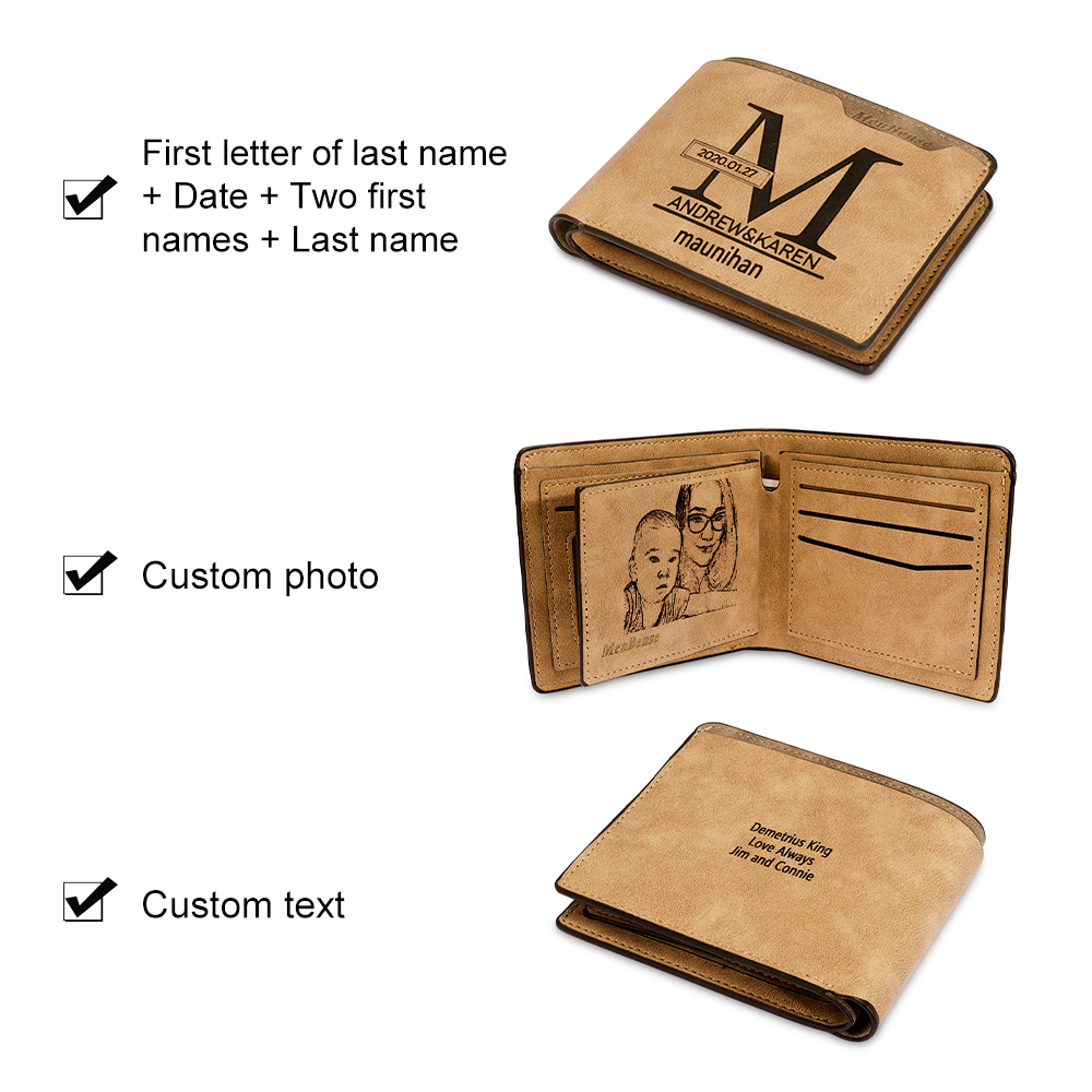 Personalised Leather Wallet Engraved Photo Short Purse Folding Wallet Gifts For Men-Jessemade AU