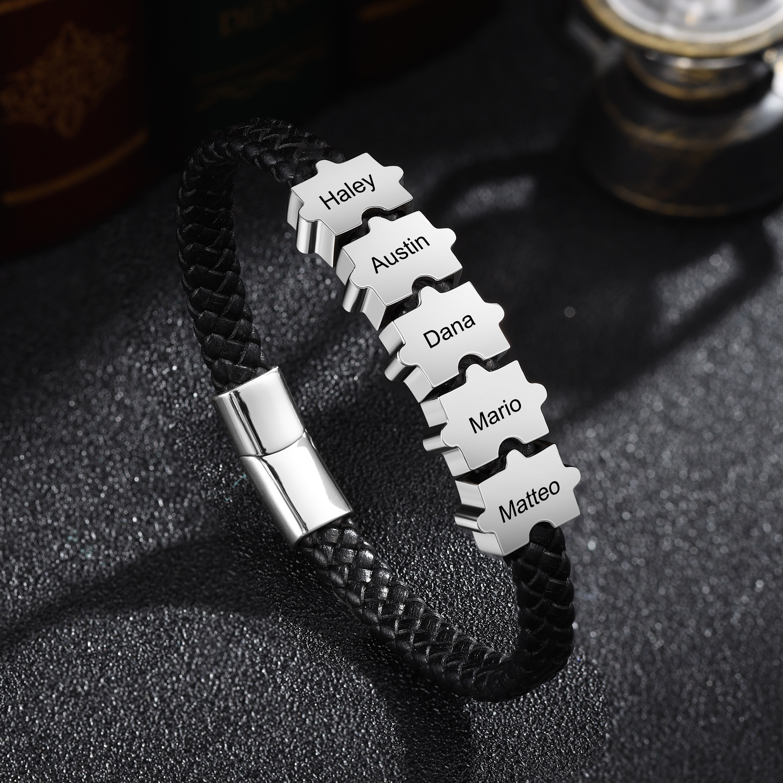 Custom Family Puzzle Bracelet Engrave 5 Names Leather Bracelet For Father-Jessemade AU