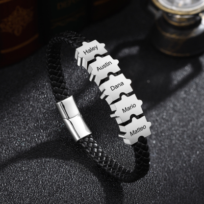 Custom Family Puzzle Bracelet Engrave 5 Names Leather Bracelet For Father-Jessemade AU
