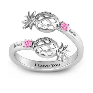 S925 Personalised Pineapple Ring With 2 Birthstones Engraved Names Ring Gift For Women-Jessemade AU